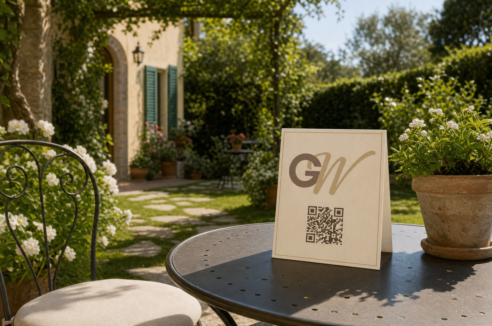 QR code GuestWel su un tavolino in un giardino toscano